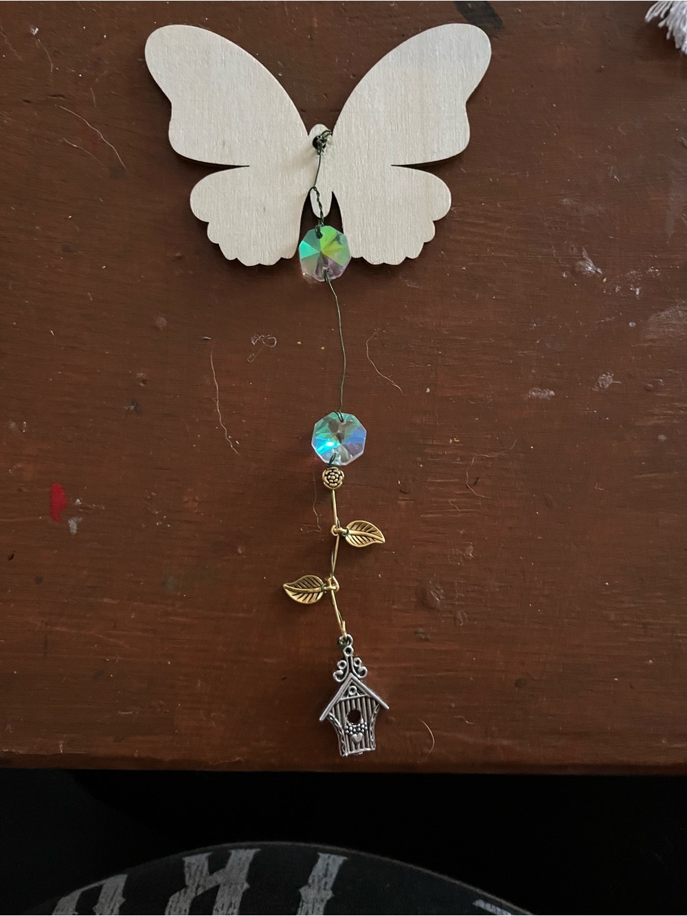 Butterfly Wooden Hook with Crystal Drops and Birdhouse Charm - Iridescent & Gold